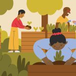 Illustration of multiple generations planting foods together in a garden.