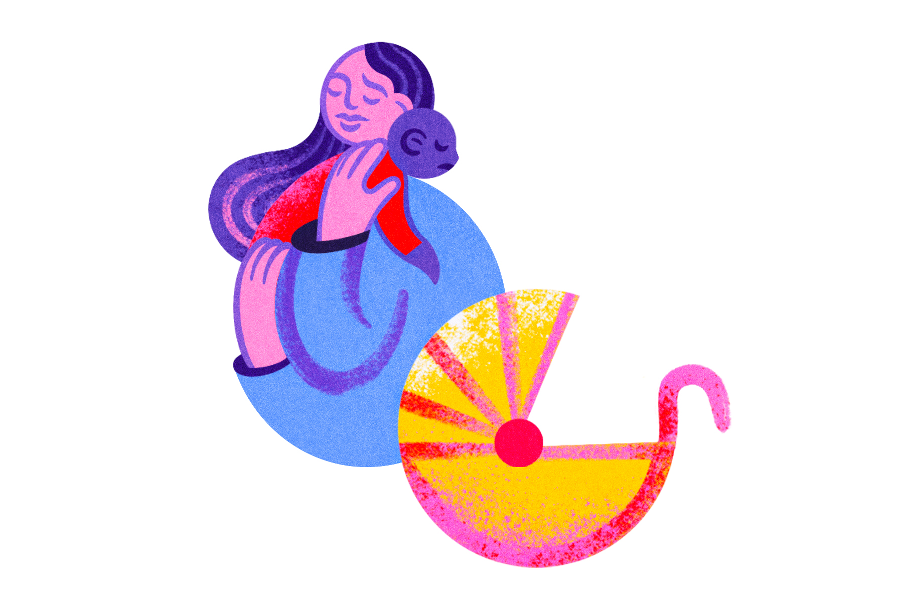 A worried mother holding a sleeping baby near a stroller.