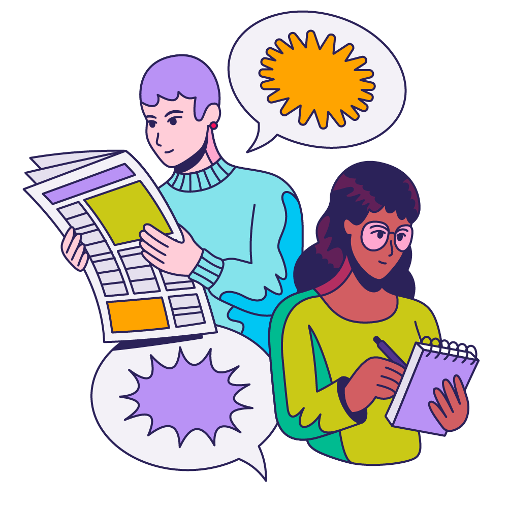 A colorful illustration depicting a man with a newspaper and woman with a notepad.