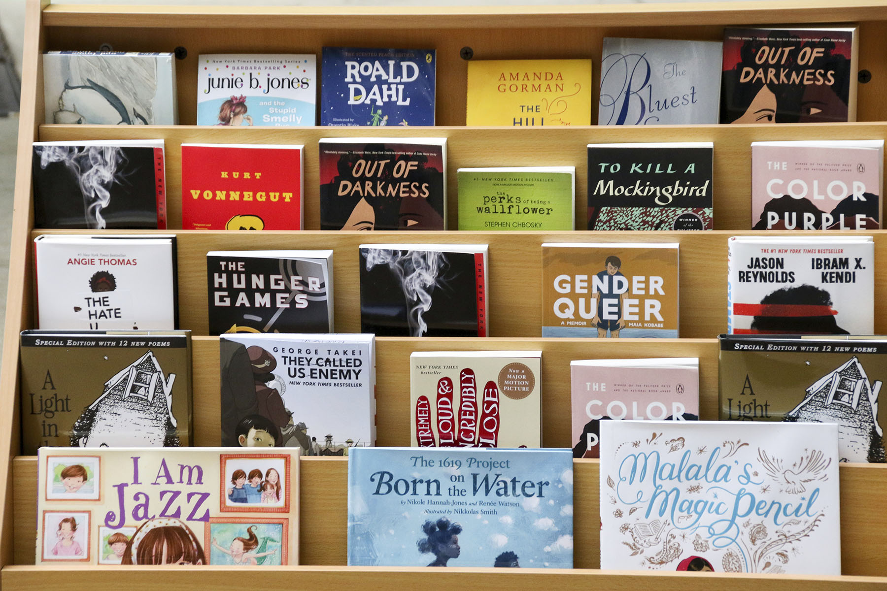 A shelf of frequently banned books on display at Sandmeyer’s Bookstore in Chicago.