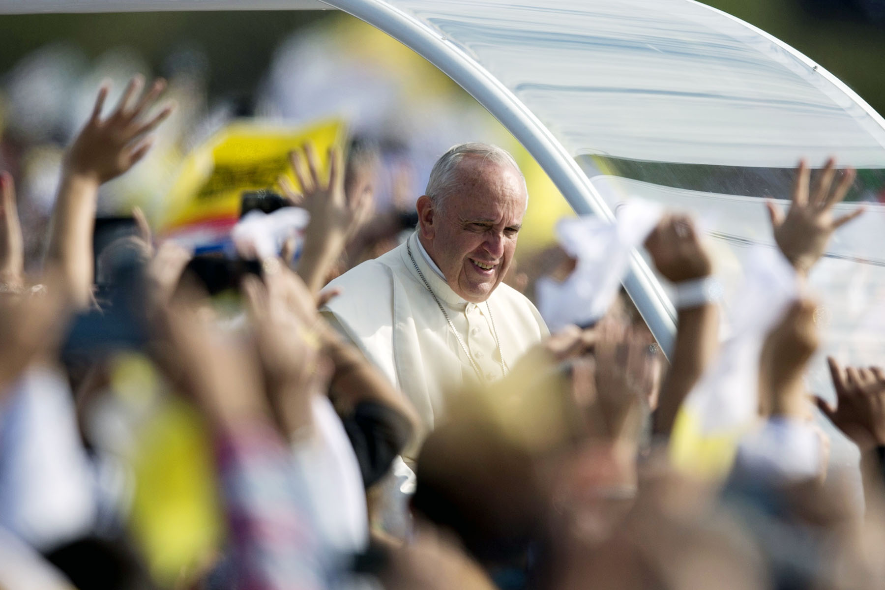 Pope Francis arrives to celebrate a mass in Asuncion, Paraguay.